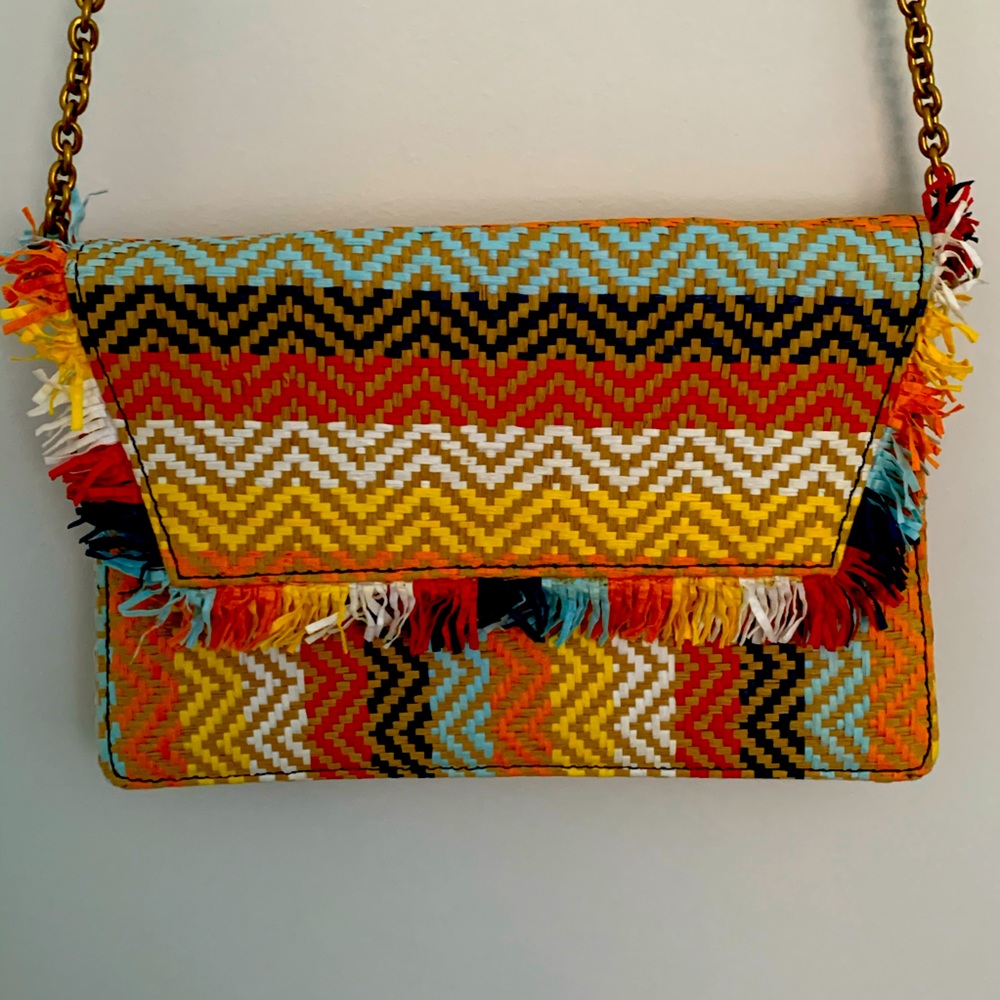 JCrew multicolored fringe bag